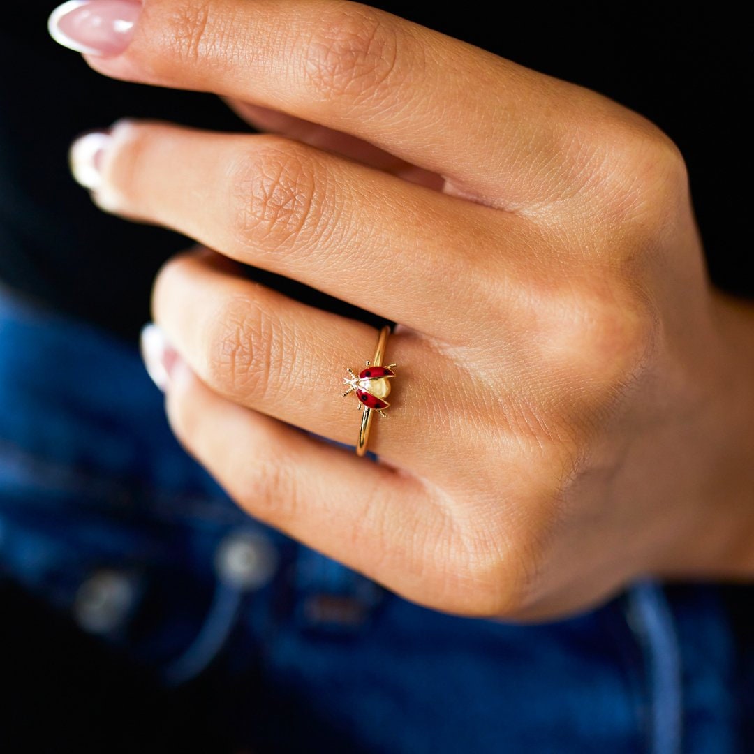 14K Solid Gold Ladybug Ring: Good Luck Charm, Valentine's Gift
