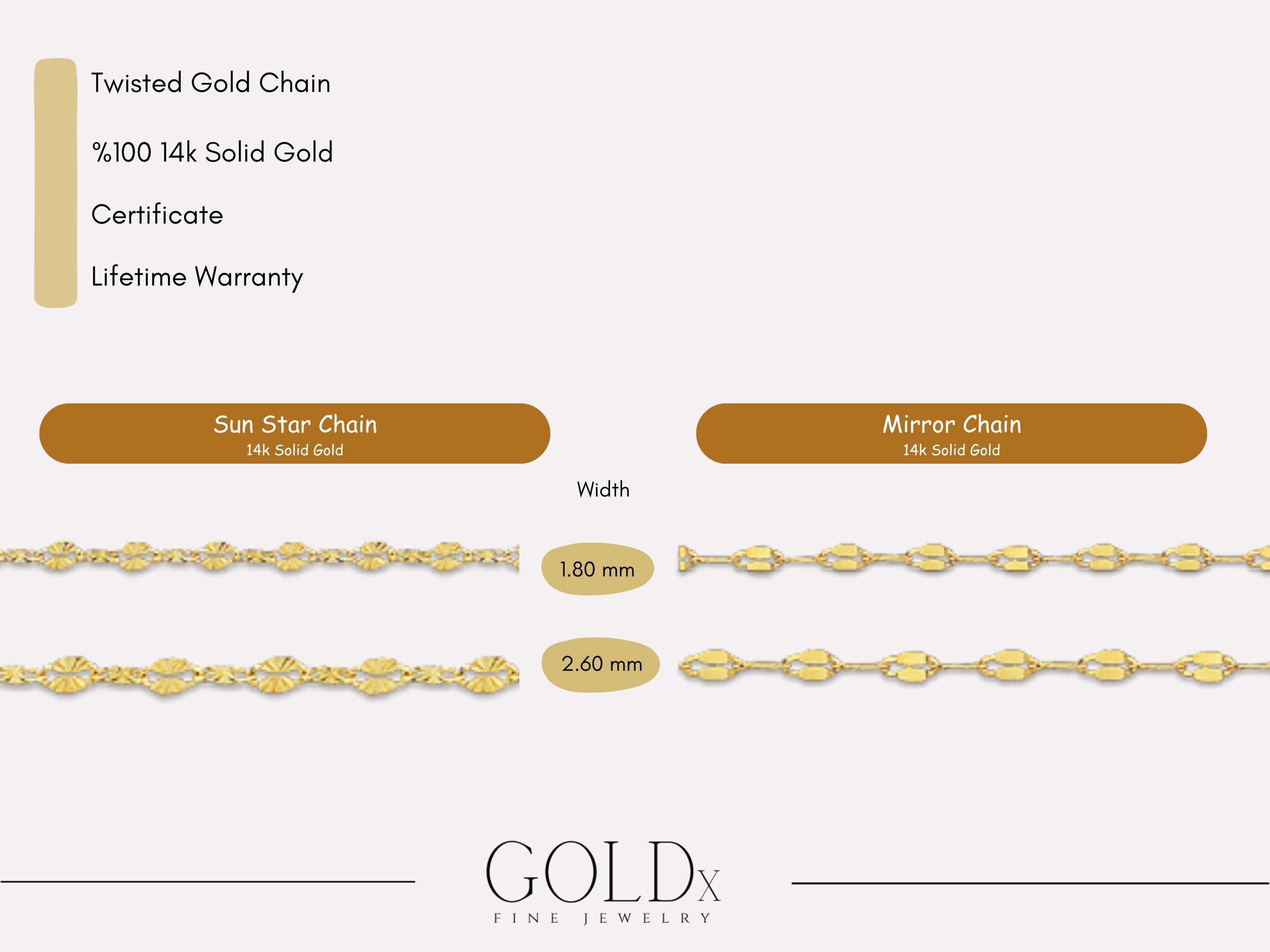 14K Solid Gold Letter Necklace – Mirror Twisted Chain Initial Pendant, Personalized Gold Gift