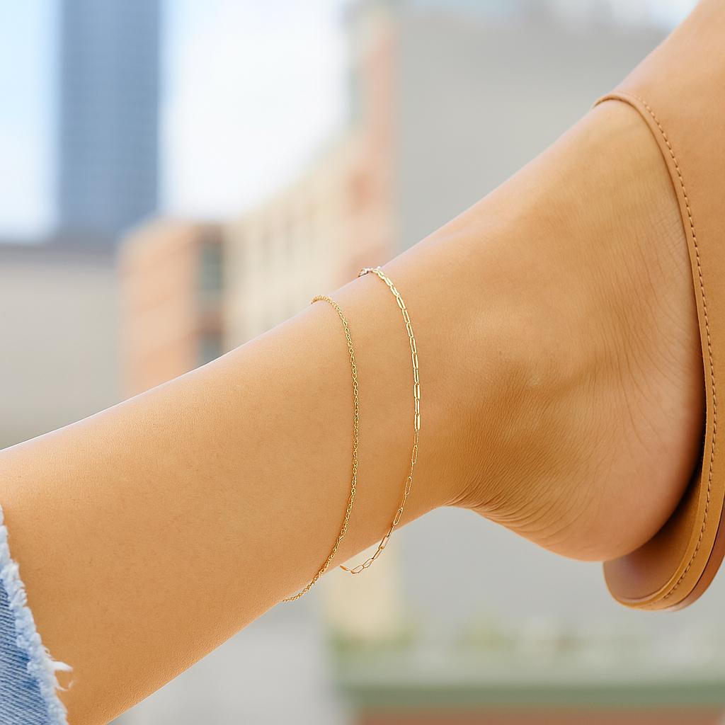 14K Solid Gold Paper Clip Anklet: Dainty Minimalist Chain