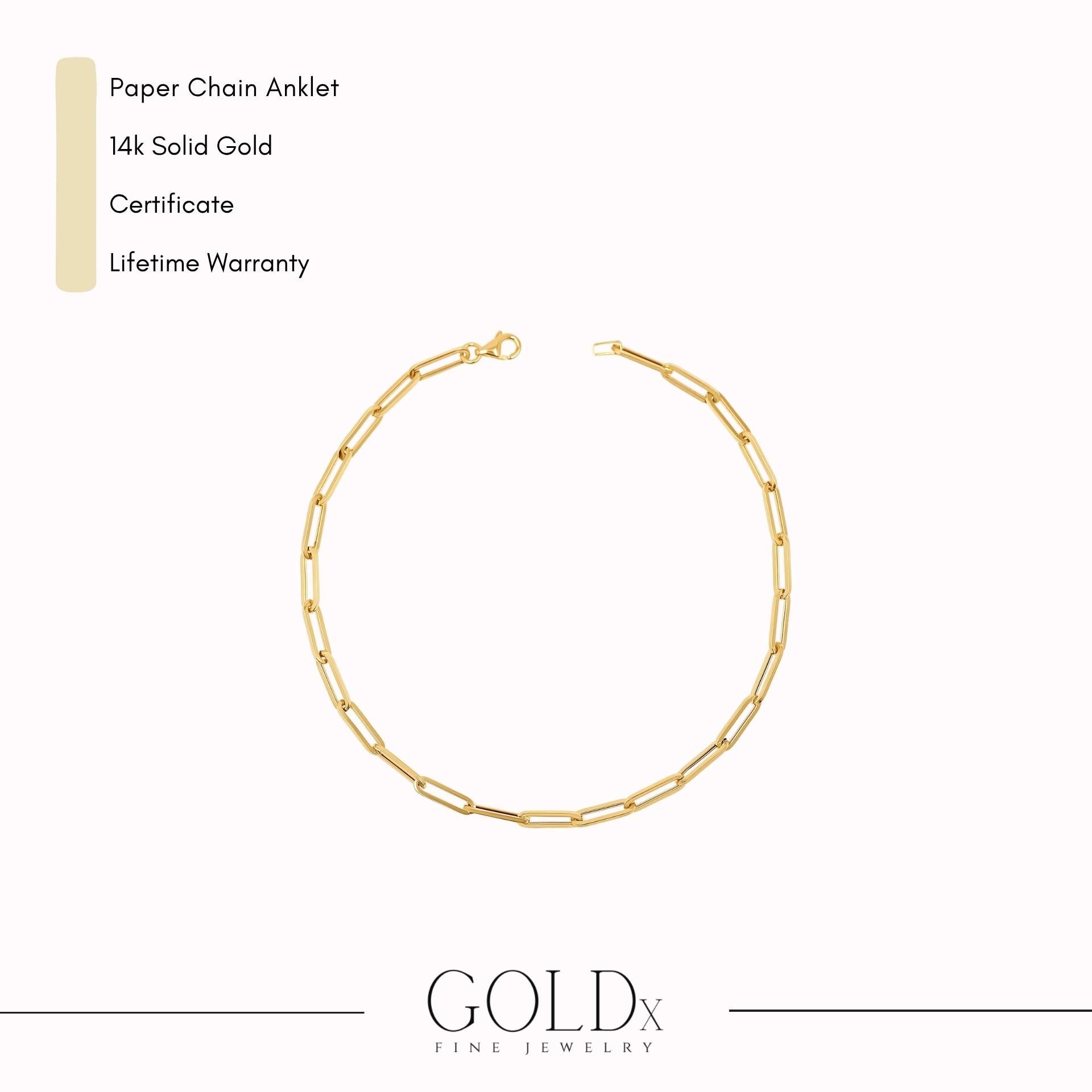 14K Solid Gold Paper Clip Anklet: Dainty Minimalist Chain