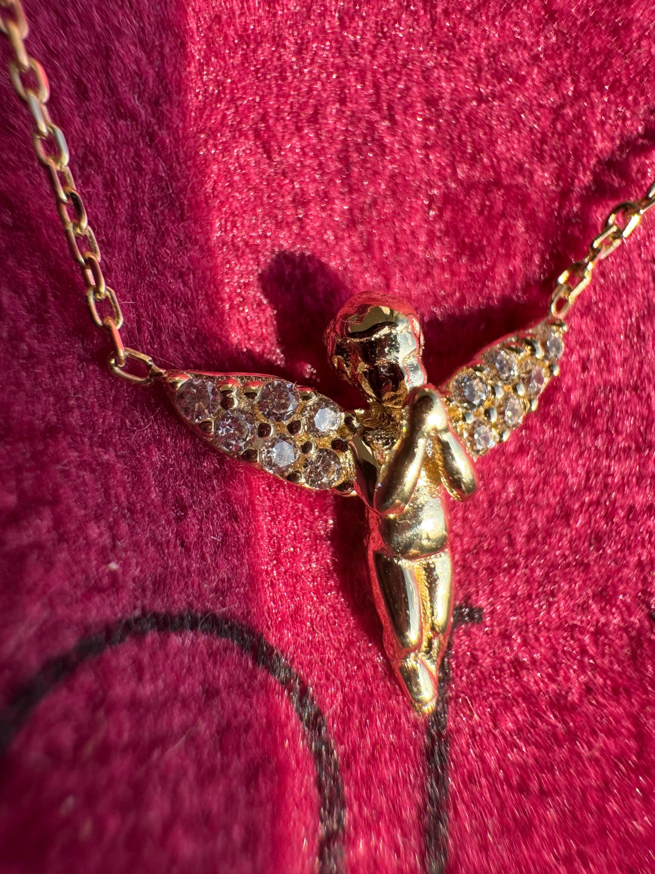 14K Solid Gold Praying Angel Necklace: Diamond Cut Saint Michael Charm