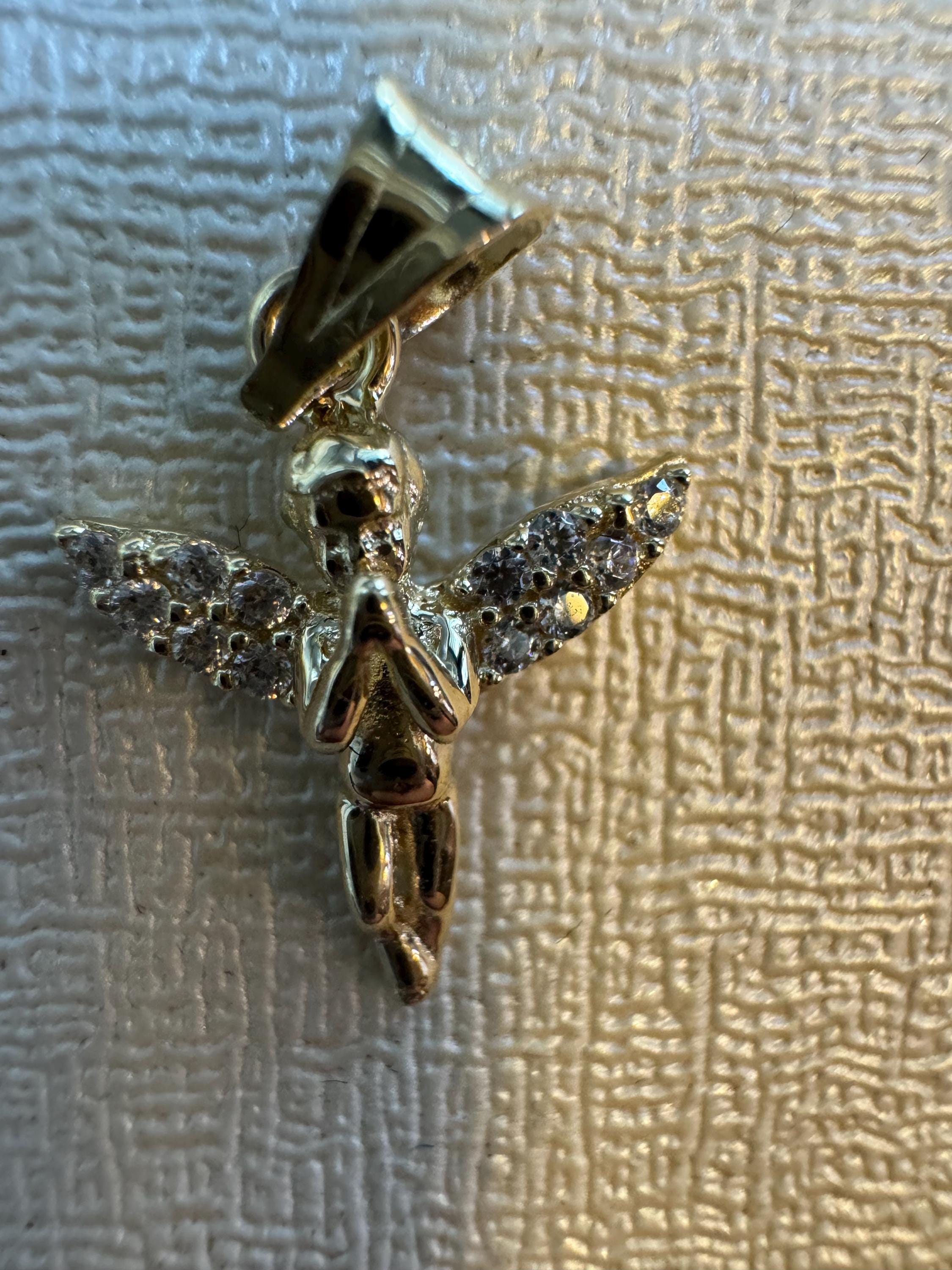 14K Solid Gold Praying Angel Necklace: Diamond Cut Saint Michael Charm