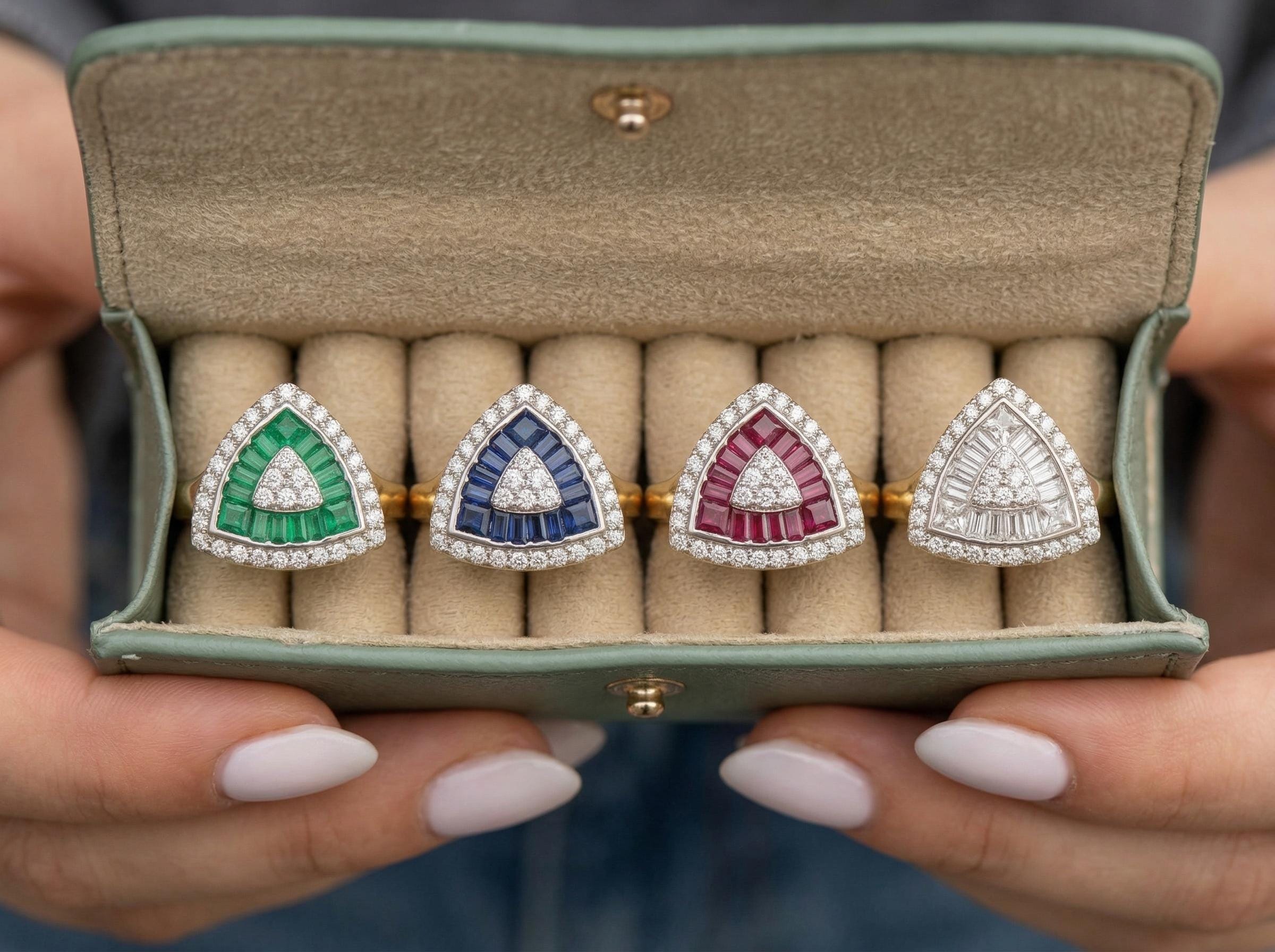 Four triangle baguette rings arranged inside jewelry box showing emerald, sapphire, ruby and diamond stone options in solid 14k gold setting.
