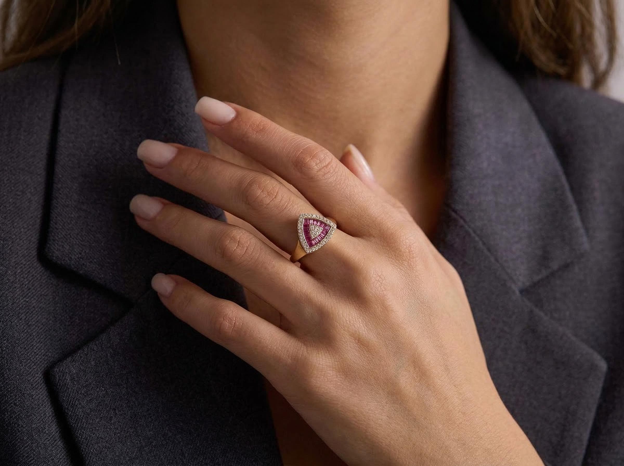 14K Solid Gold Triangle Baguette Ring – Emerald Sapphire Ruby Diamond Halo Ring, Geometric Statement Fine Jewelry Gift for Her