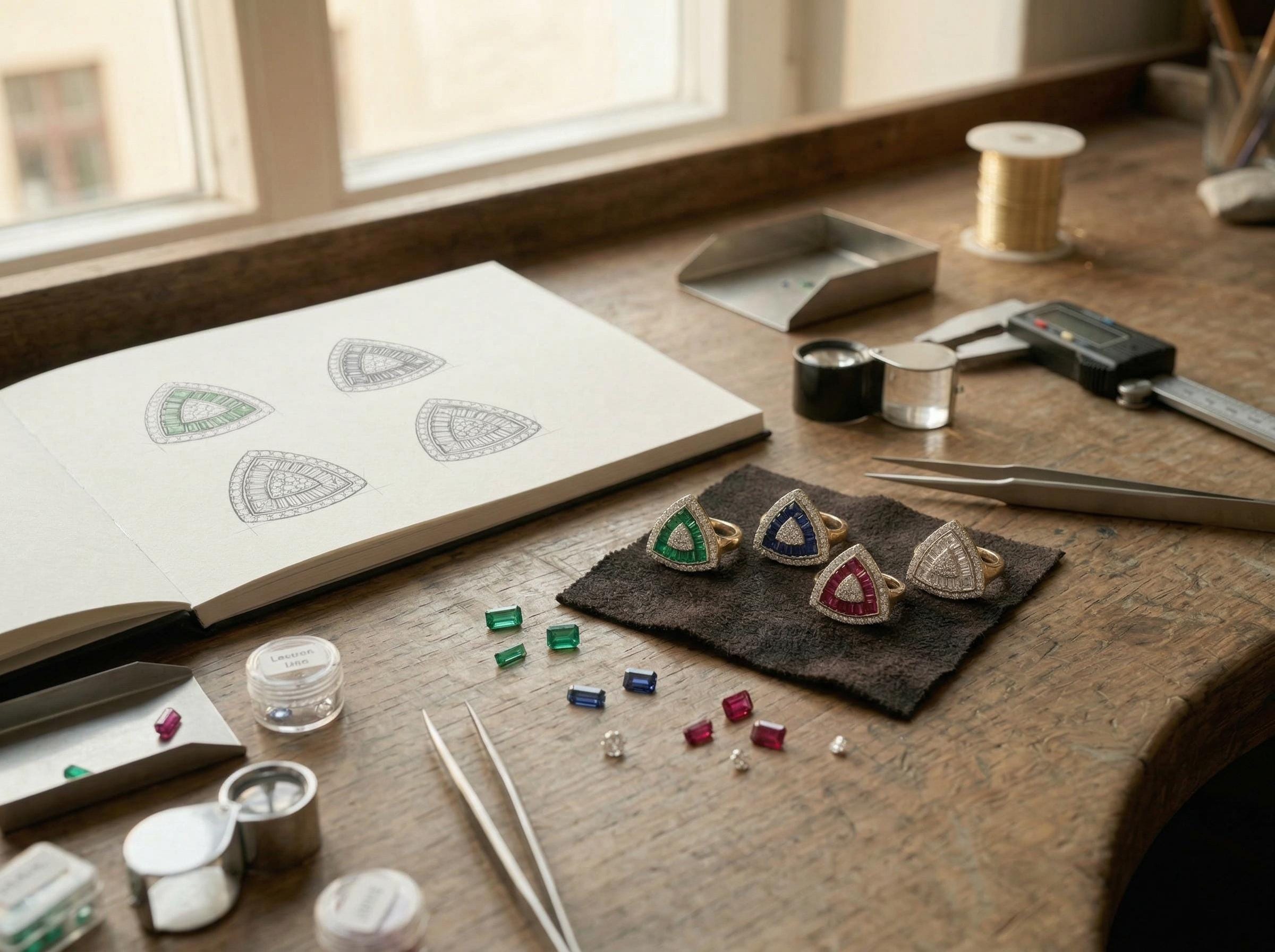 Triangle gemstone rings placed on jewelry workbench with design sketches, loose baguette stones and tools, showing handmade fine jewelry creation process.