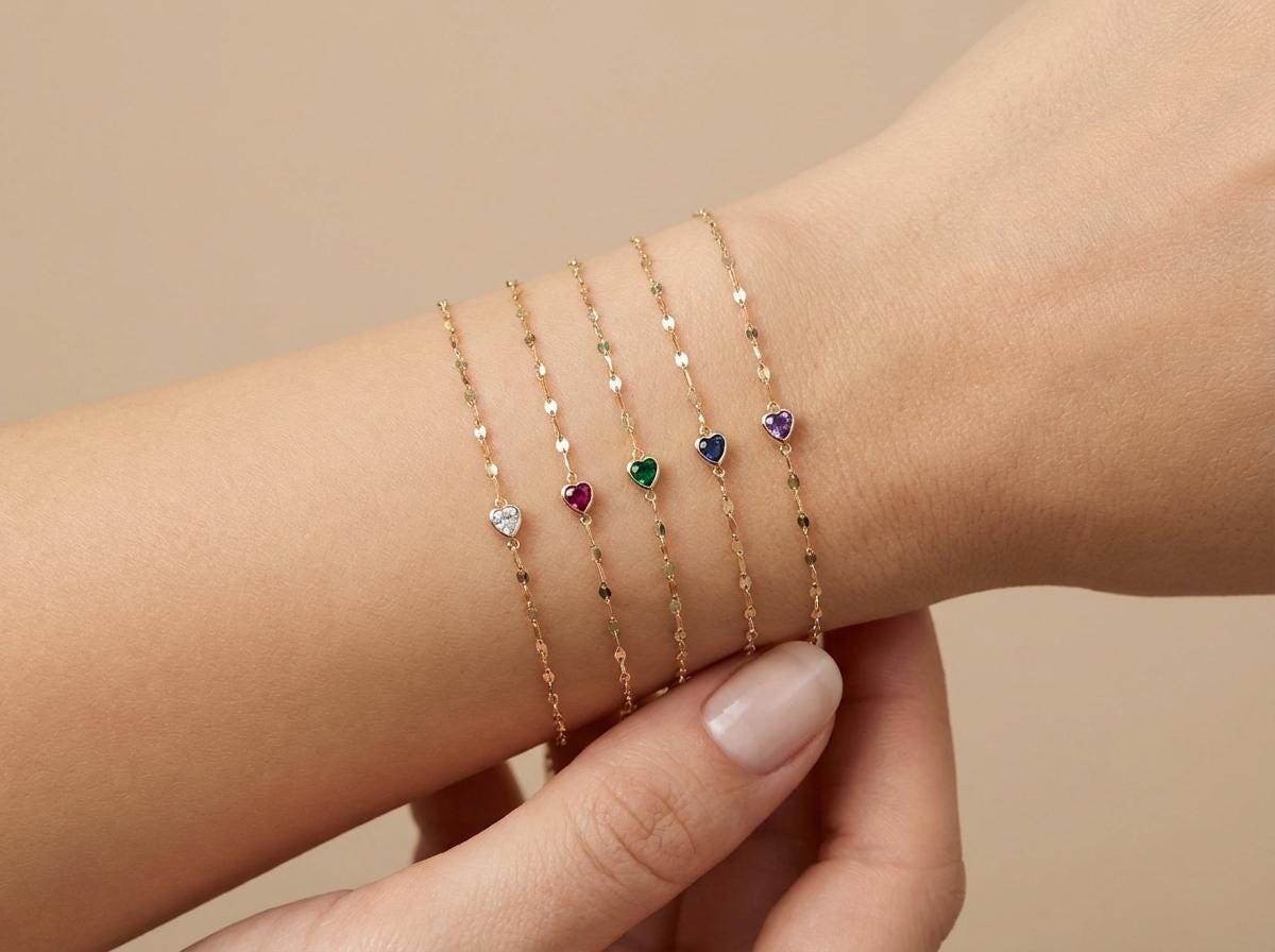 14K Twisted Gold Chain Bracelet with Gemstone Heart – Real Gold Birthstone Gift for Her