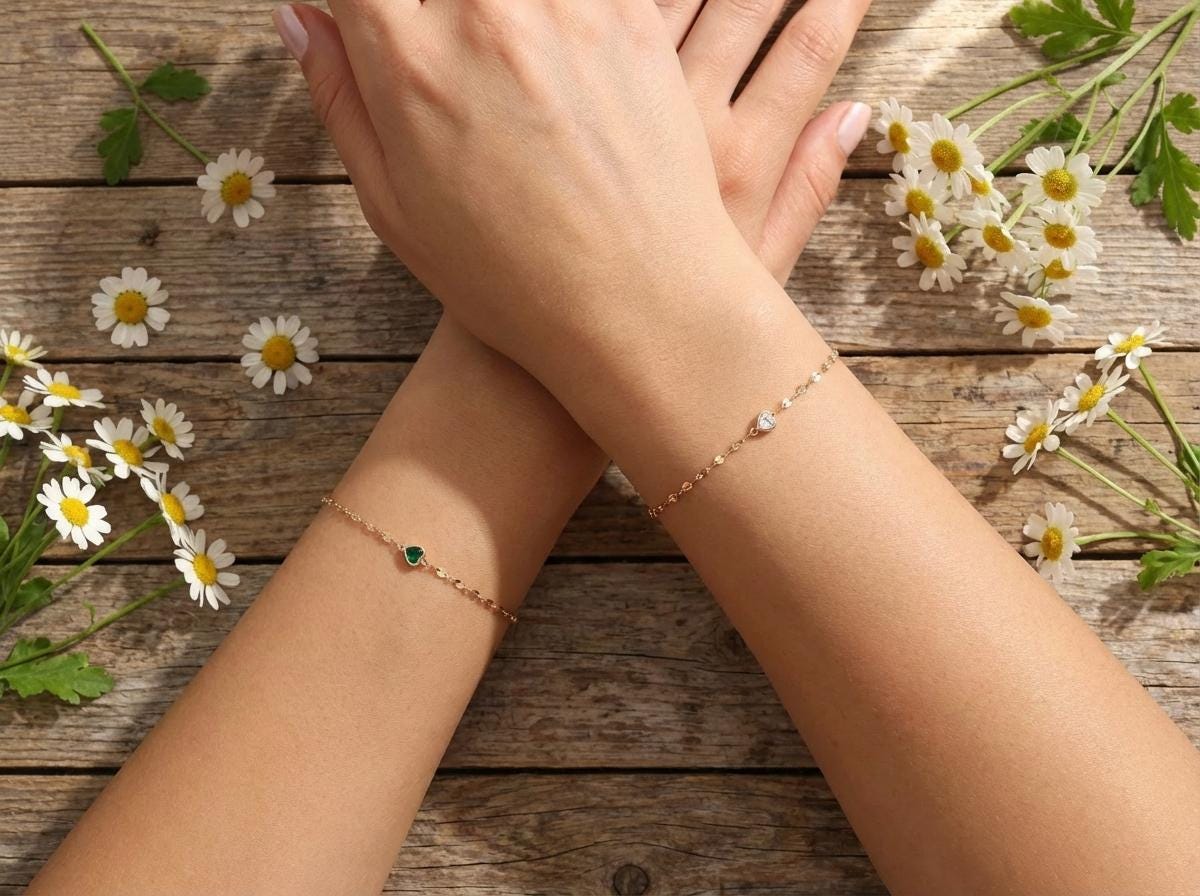 14K Twisted Gold Chain Bracelet with Gemstone Heart – Real Gold Birthstone Gift for Her