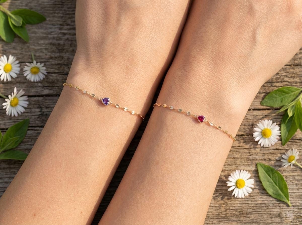 14K Twisted Gold Chain Bracelet with Gemstone Heart – Real Gold Birthstone Gift for Her