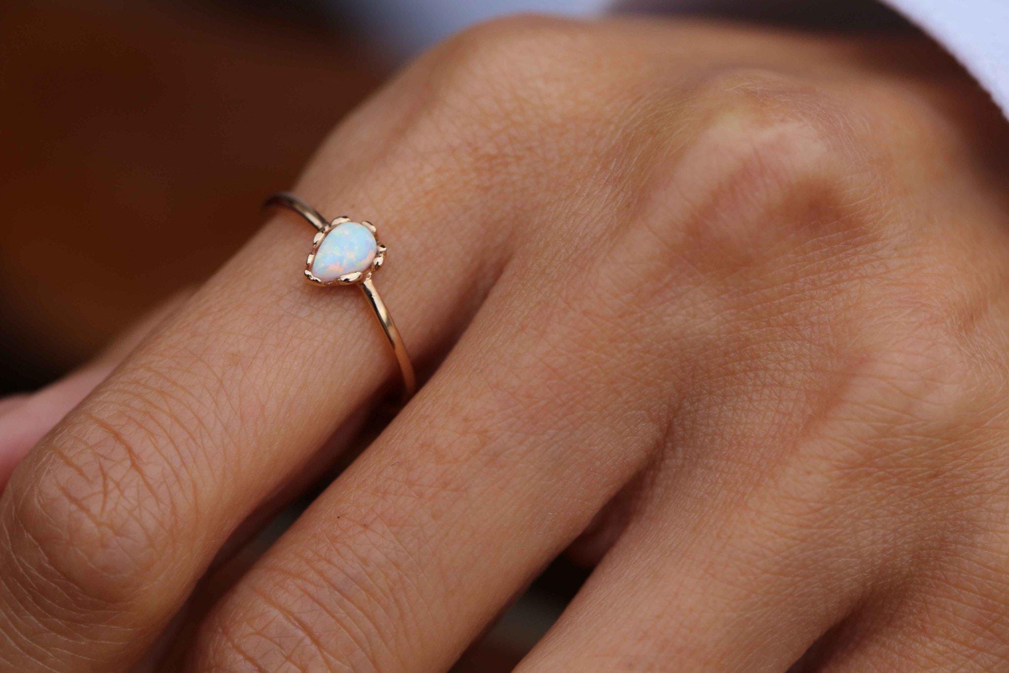 Opal Ring in 14K Solid Gold, Dainty Opal Ring, October Birthstone Ring, Promise Ring, Gift for Her, Minimalist Pear Opal Ring