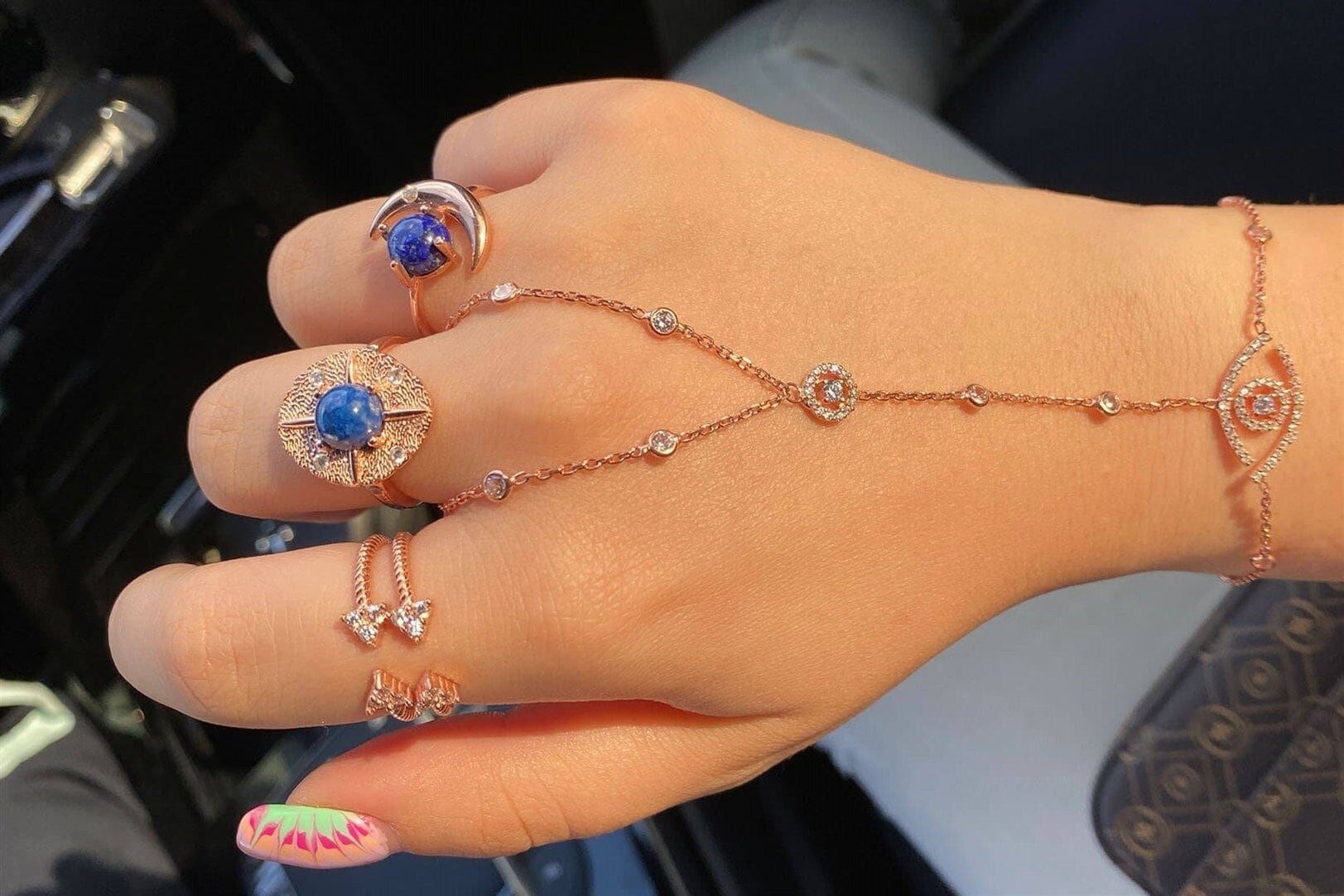Rose Gold Evil Eye Hand Chain Bracelet: 925k Sterling Silver