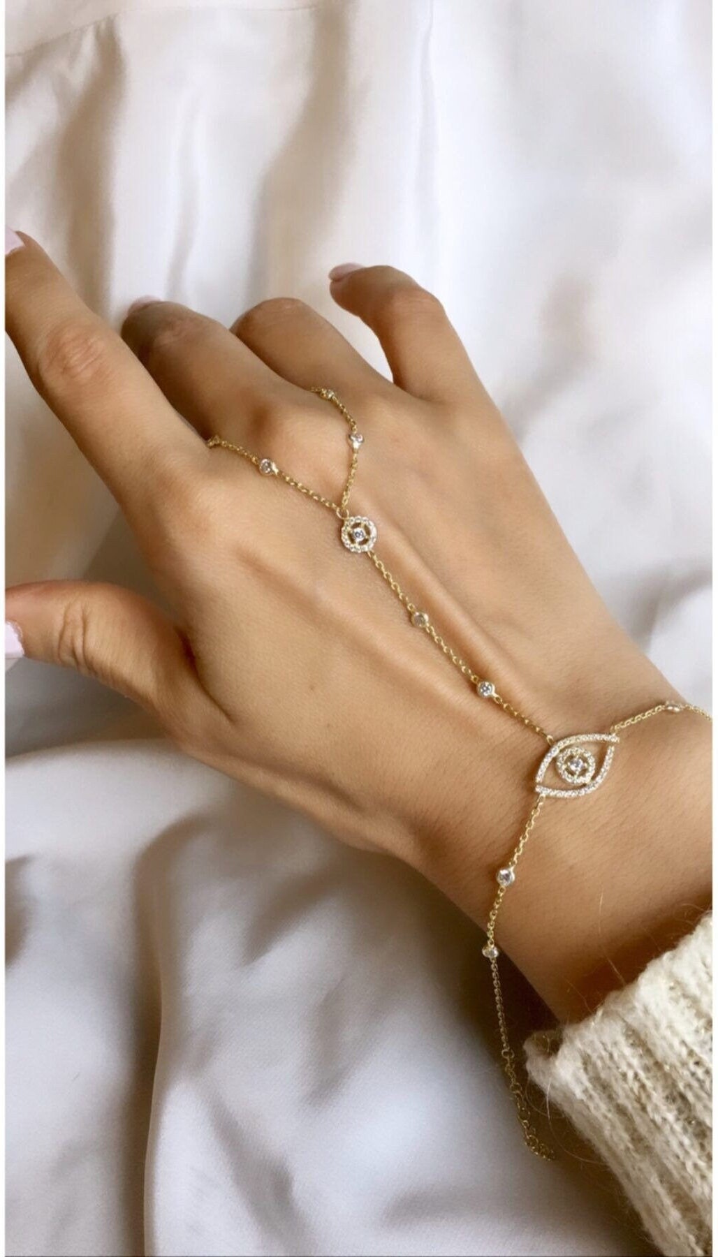 Rose Gold Evil Eye Hand Chain Bracelet: 925k Sterling Silver