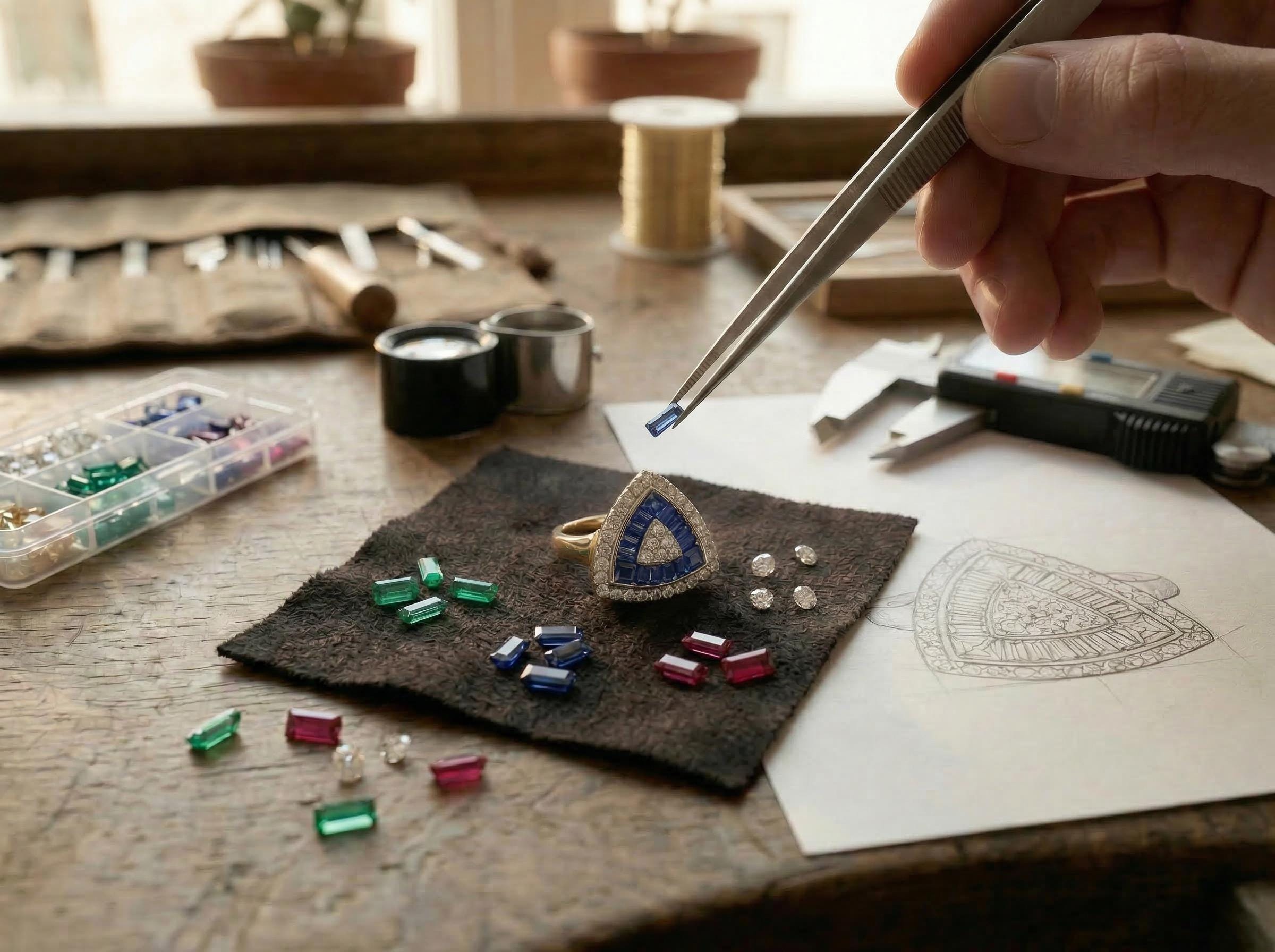 Close-up of sapphire baguette triangle ring showing geometric stone arrangement and diamond halo in solid 14k gold.
