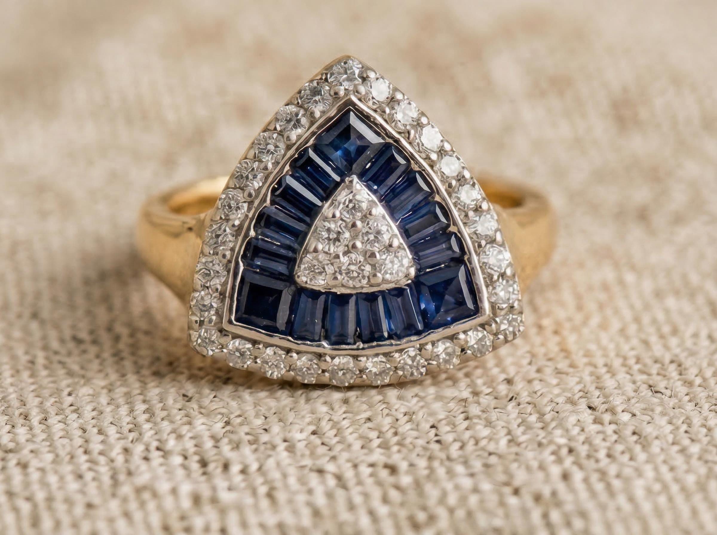 Sapphire Ring 14K Solid Gold, Triangle Baguette Sapphire Ring, September Birthstone Gift, Gold Statement Ring, Fine Jewelry