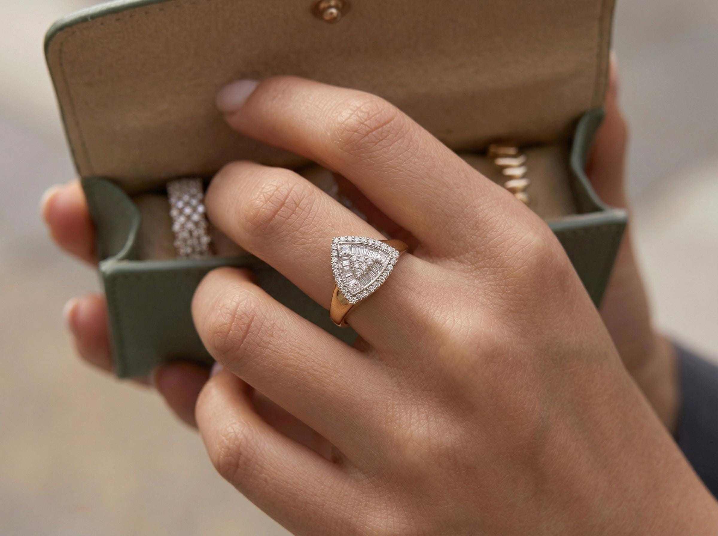 Sapphire Ring 14K Solid Gold, Triangle Baguette Sapphire Ring, September Birthstone Gift, Gold Statement Ring, Fine Jewelry