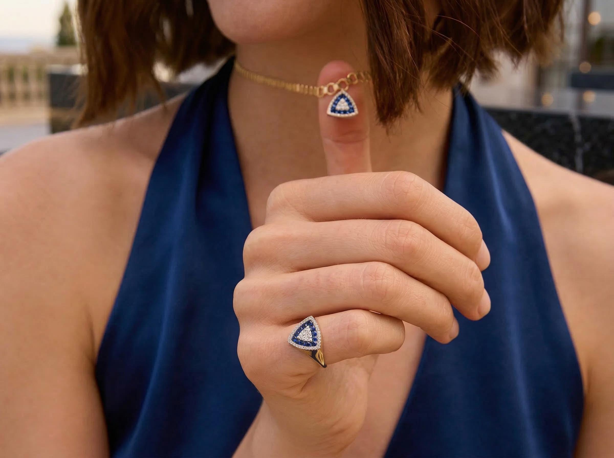 Sapphire Ring 14K Solid Gold, Triangle Baguette Sapphire Ring, September Birthstone Gift, Gold Statement Ring, Fine Jewelry