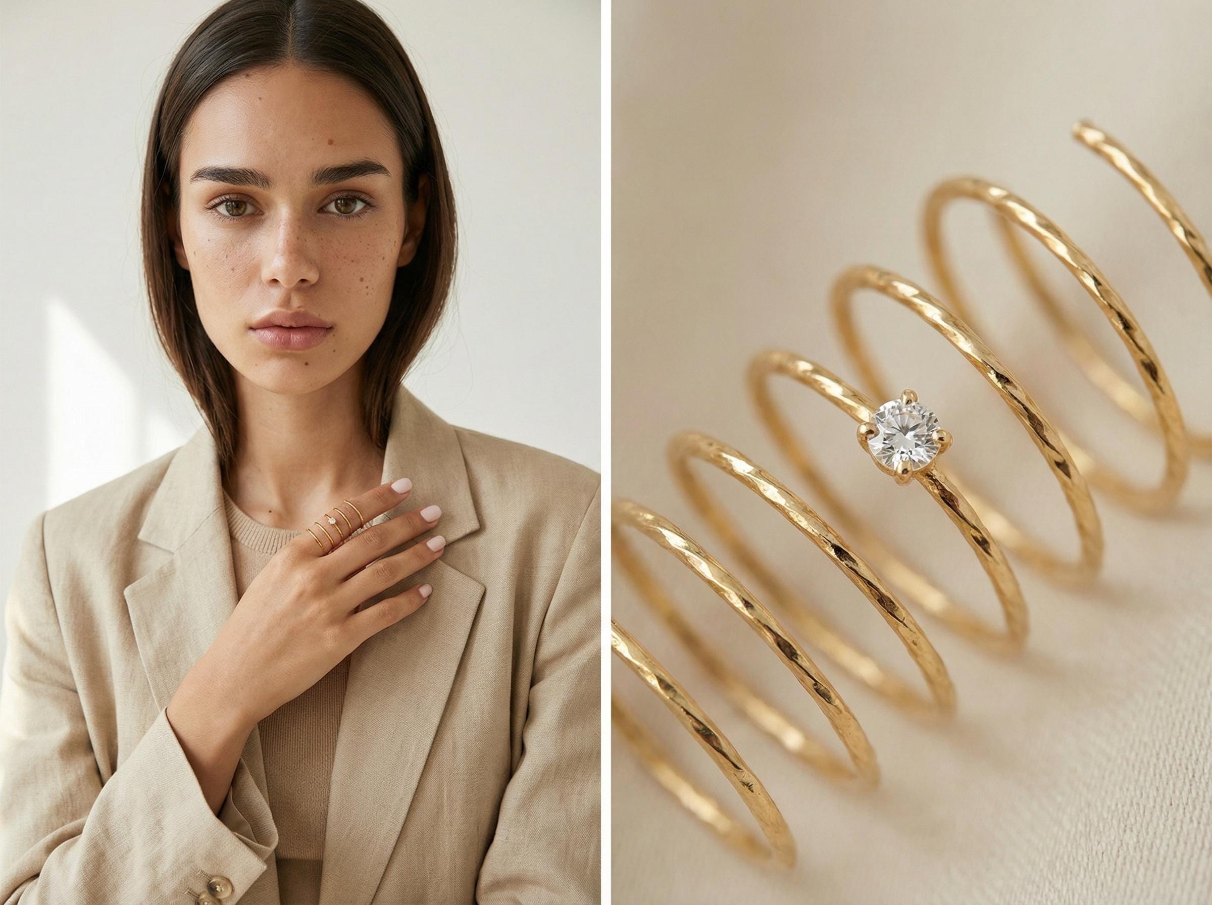 stack illusion ring worn on finger appearing as multiple thin gold bands minimal handmade jewelry
