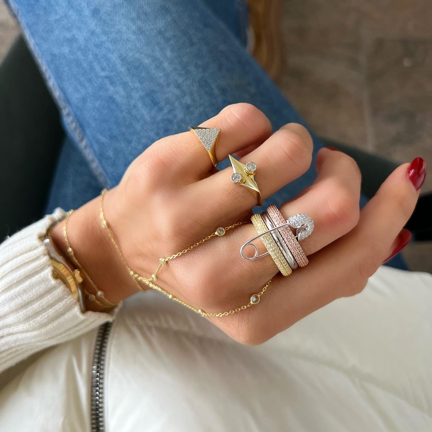 Sterling Silver Safety Pin Ring Set: Cubic Zirconia Stackable Bands