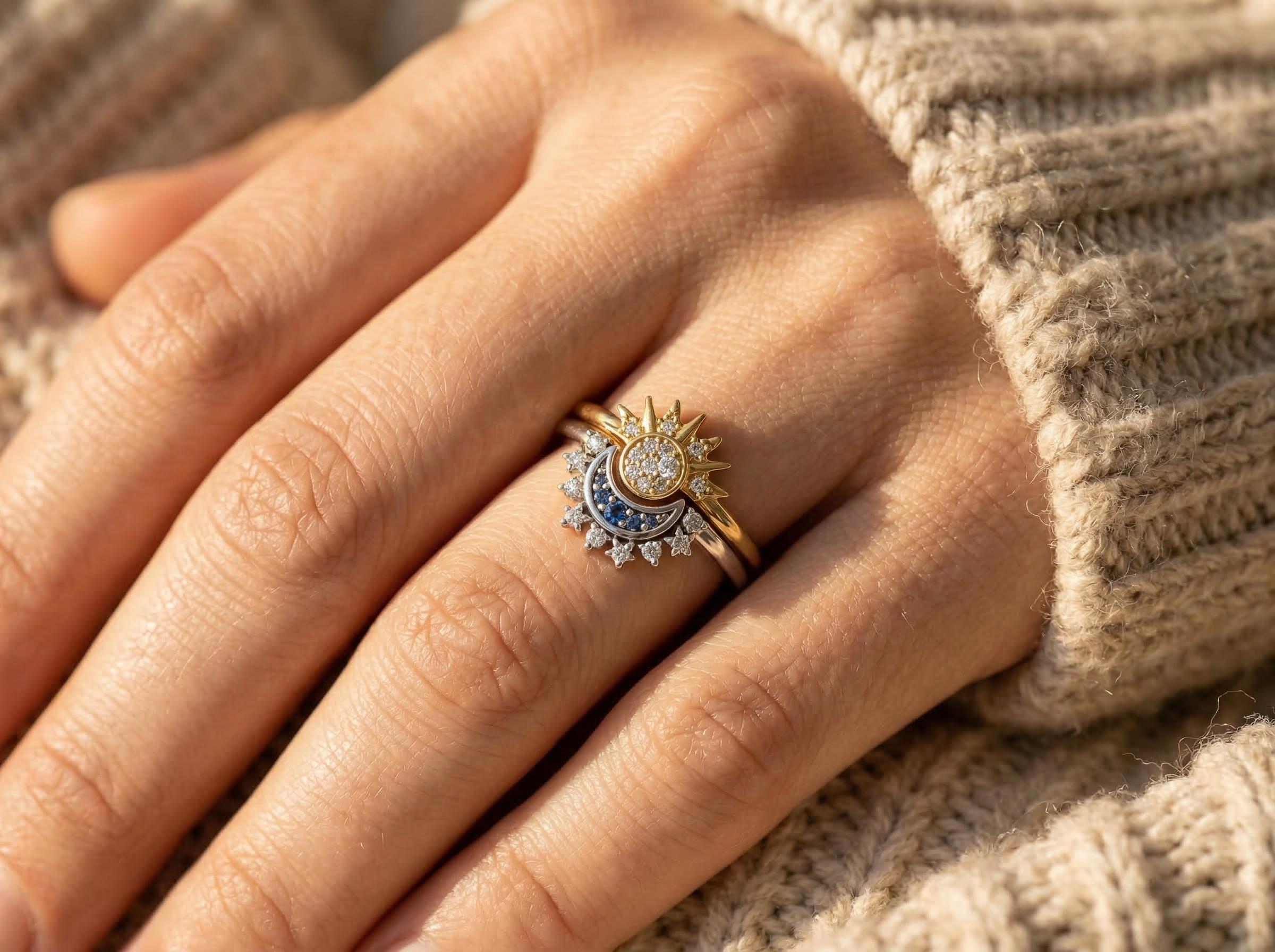 Sun and Moon Ring Set Mixed Metal, Celestial Matching Rings, Gold Silver Stackable Rings, Meaningful Promise Ring, Gift for Mom