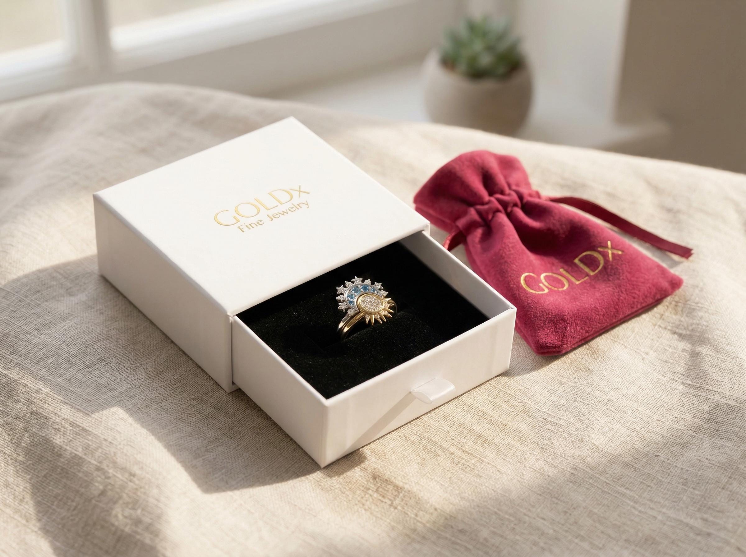 Sun and Moon Ring Set Mixed Metal, Celestial Matching Rings, Gold Silver Stackable Rings, Meaningful Promise Ring, Gift for Mom