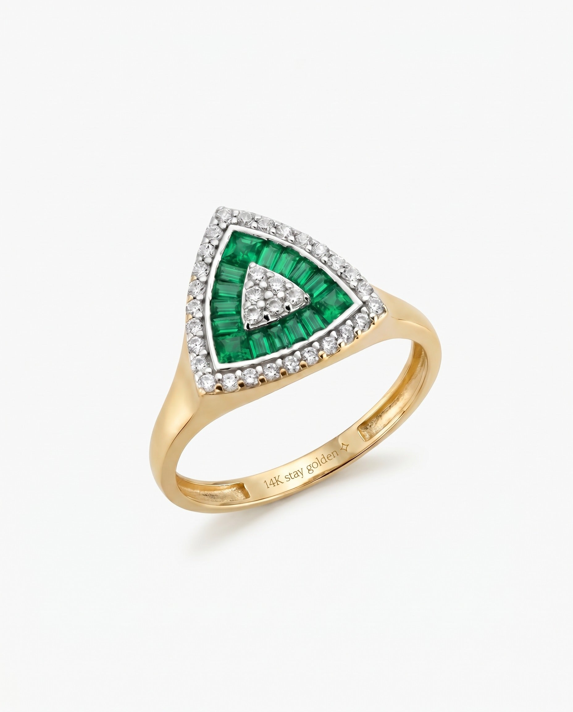Emerald Baguette Triangle Ring 14K Solid Gold, Geometric Jade Ring, Sculptural Statement Ring, Pinky Ring, Class Ring