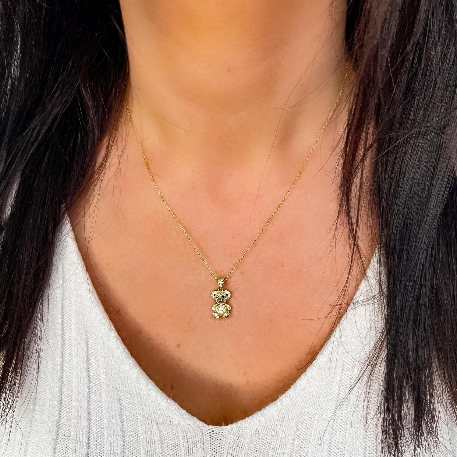 14k Real Gold Pendants Necklace, 14k Solid Gold Teddy Bear Pendant, Diamond model, Cubic Zirconia Stone, Gift For Christmas, Gift for her