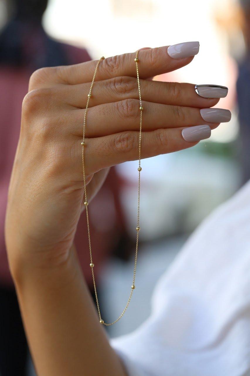 14k Solid Gold Ball Chain Bracelet: Minimalist Satellite Necklace