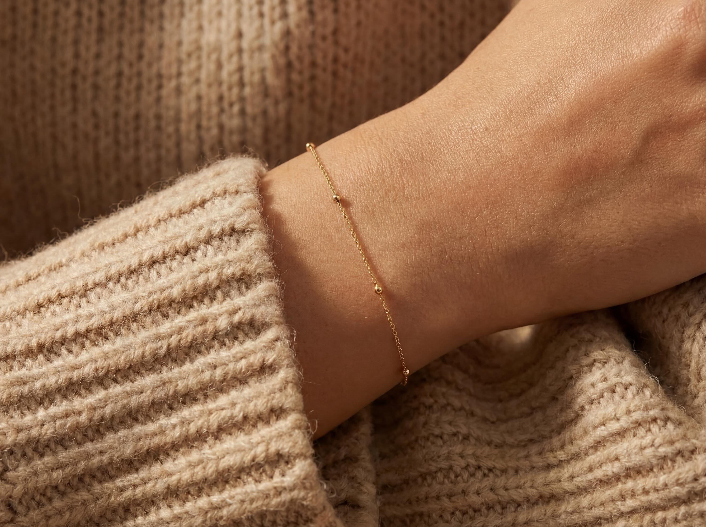 14k Solid Gold Ball Chain Bracelet: Minimalist Satellite Necklace