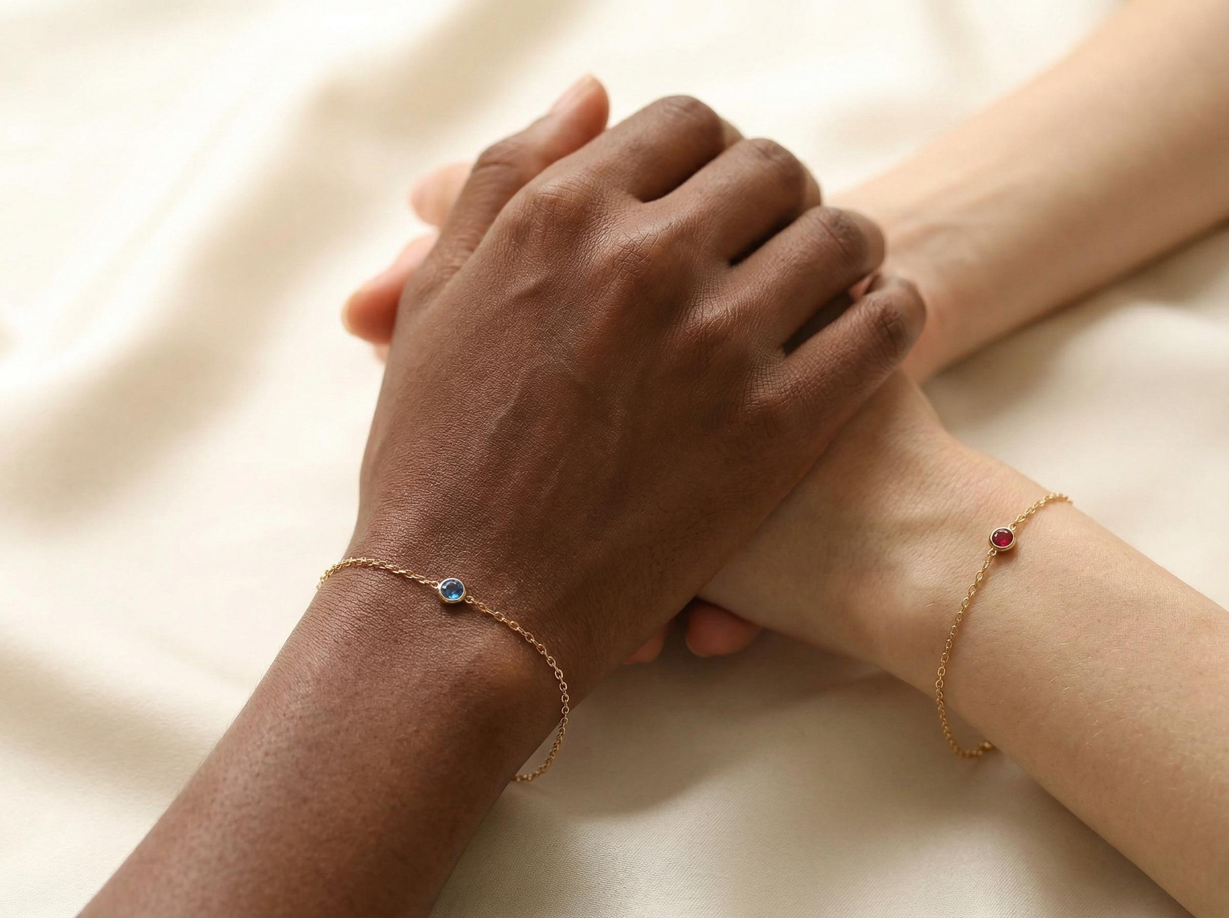 14k Solid Gold Couple Birthstone Bracelet, Matching Bracelets for Couples, BFF Bracelet, Friendship Bracelet, Personalized Birthstone Gift