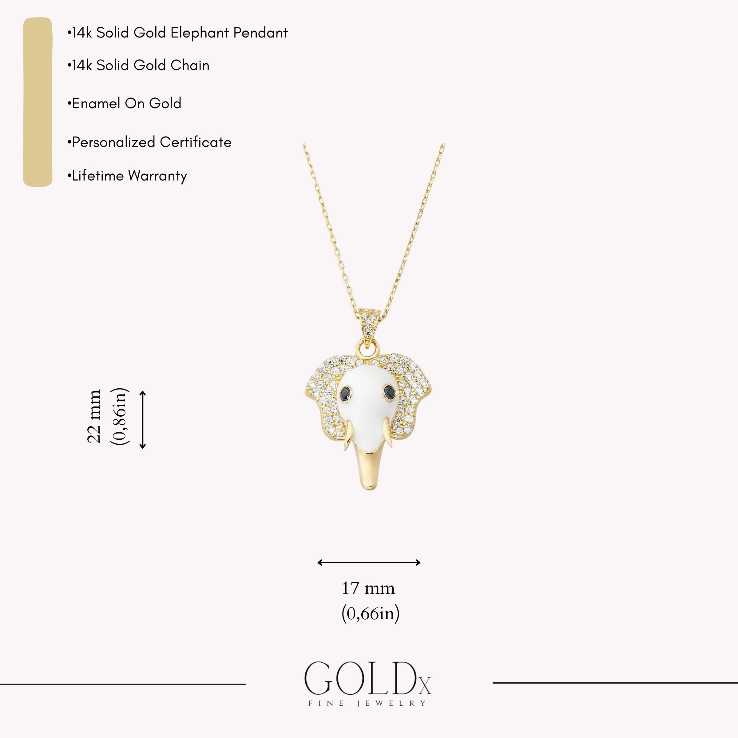 14k Solid Gold Elephant Necklace: Enamel Mystic Pendant