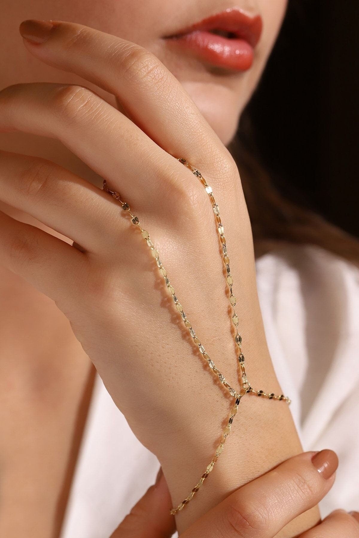 14k Solid Gold Hand Chain Bracelet: Italian Mirror Sun-Mirror