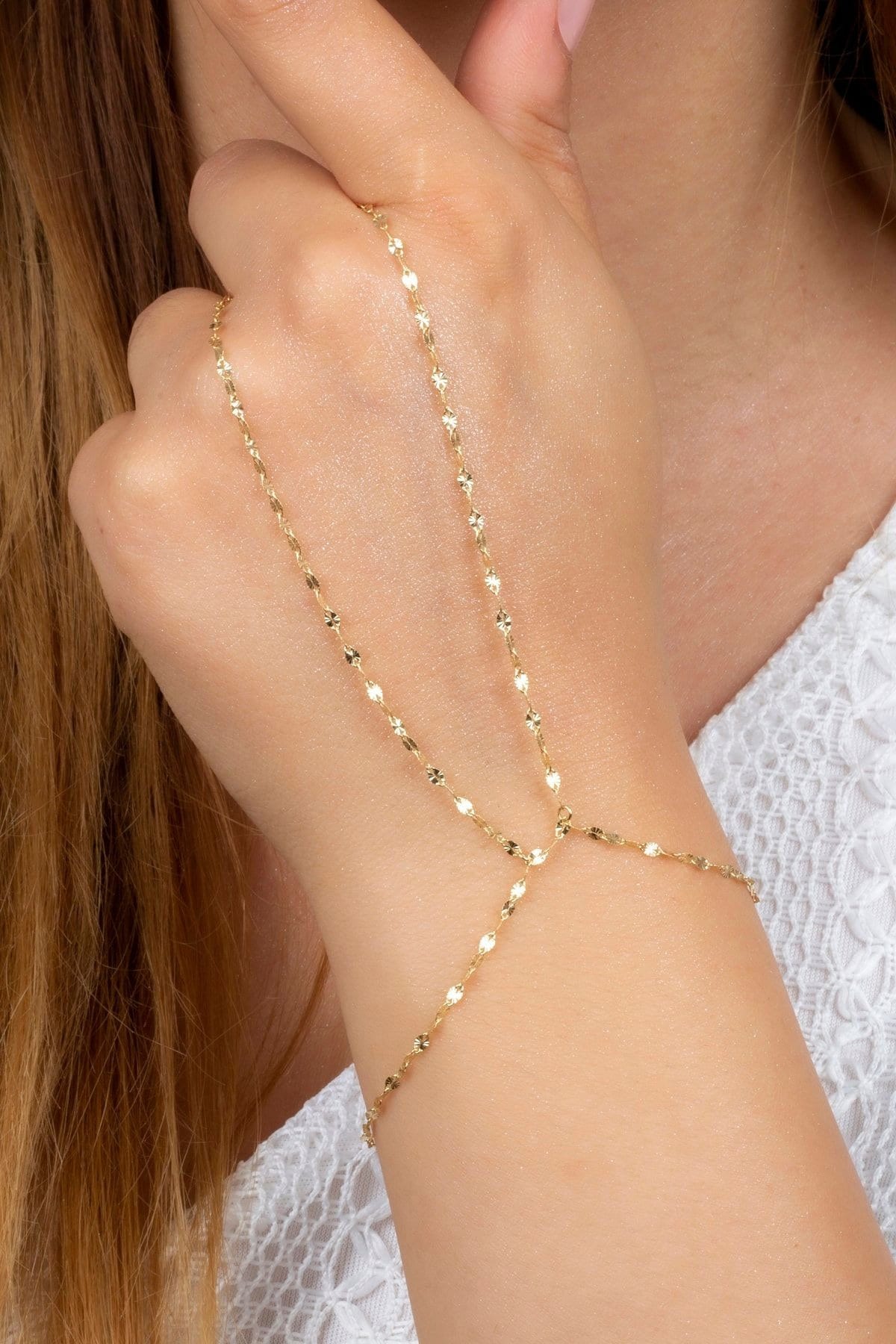 14k Solid Gold Hand Chain Bracelet, Minimalist Bracelet, y2k jewelry, For her
