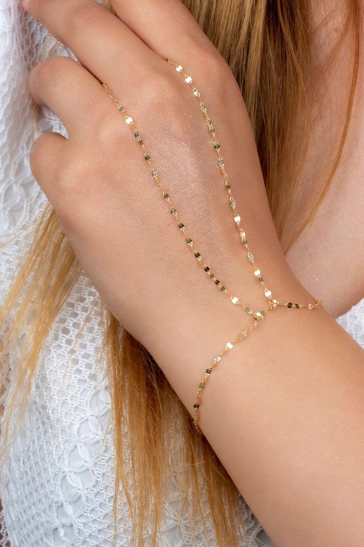 14k Solid Gold Hand Chain Bracelet, Minimalist Bracelet, y2k jewelry, For her