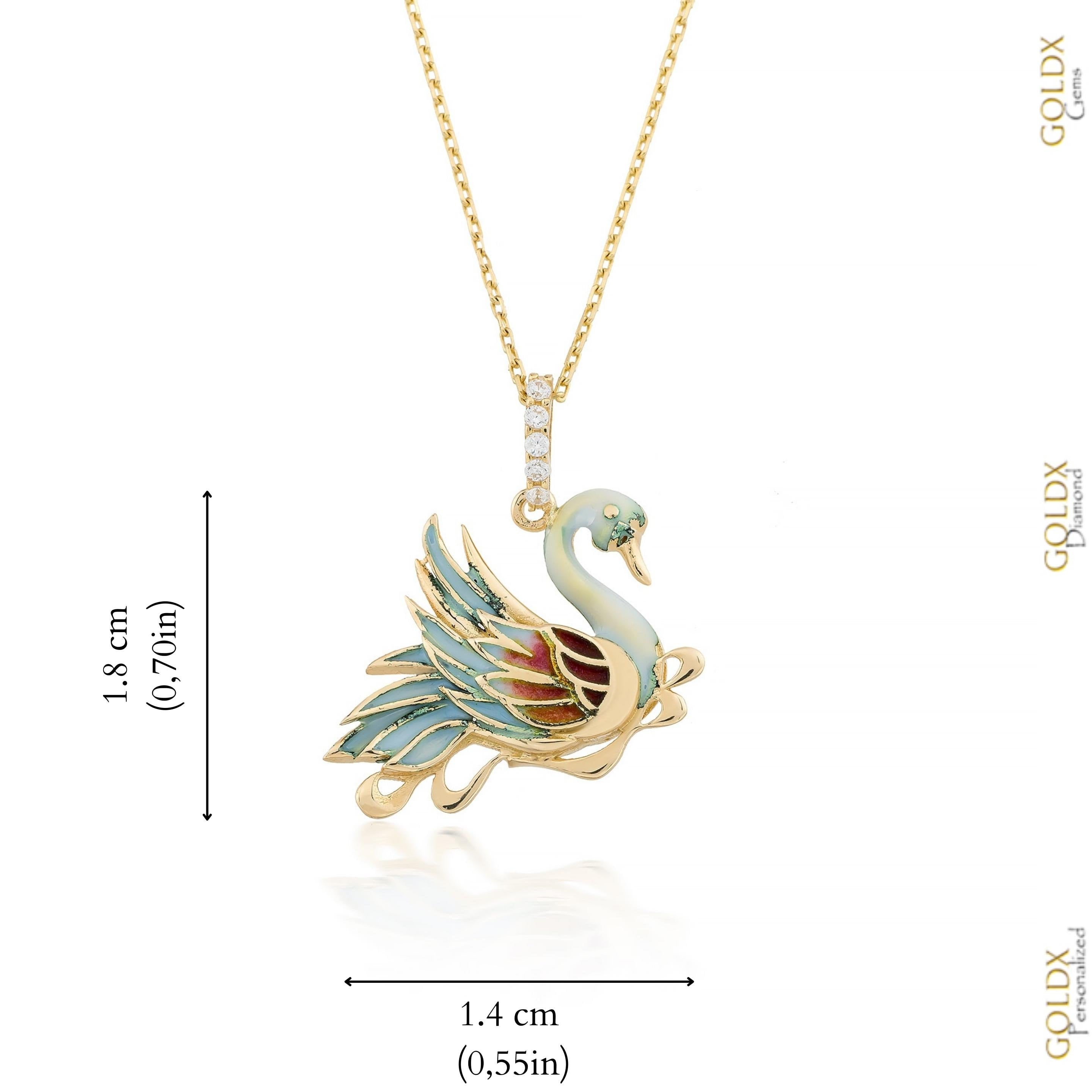 14k Solid Gold Swan Necklace: Green Enamel Pendant, Valentine Gift