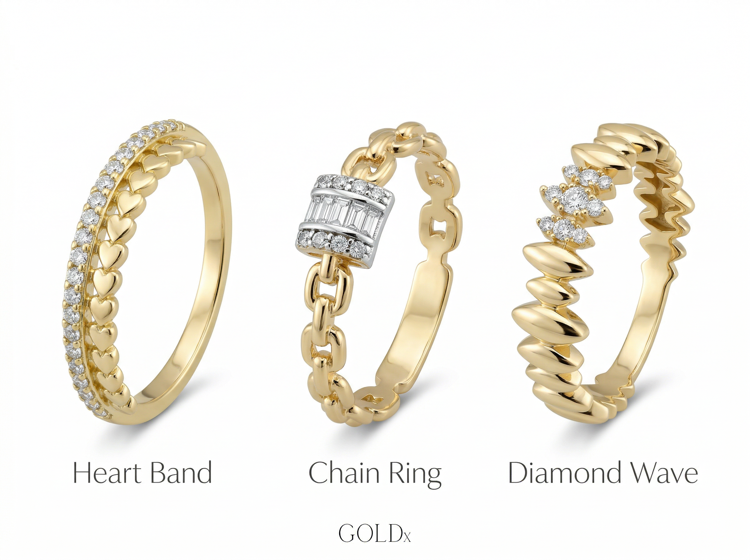 14K Gold Diamond Cut Stacking Rings Set, Baguette Chain Ring, Minimal Dainty Bands, Wave Ring, Thin Textured Gold Rings, Fine Jewelry