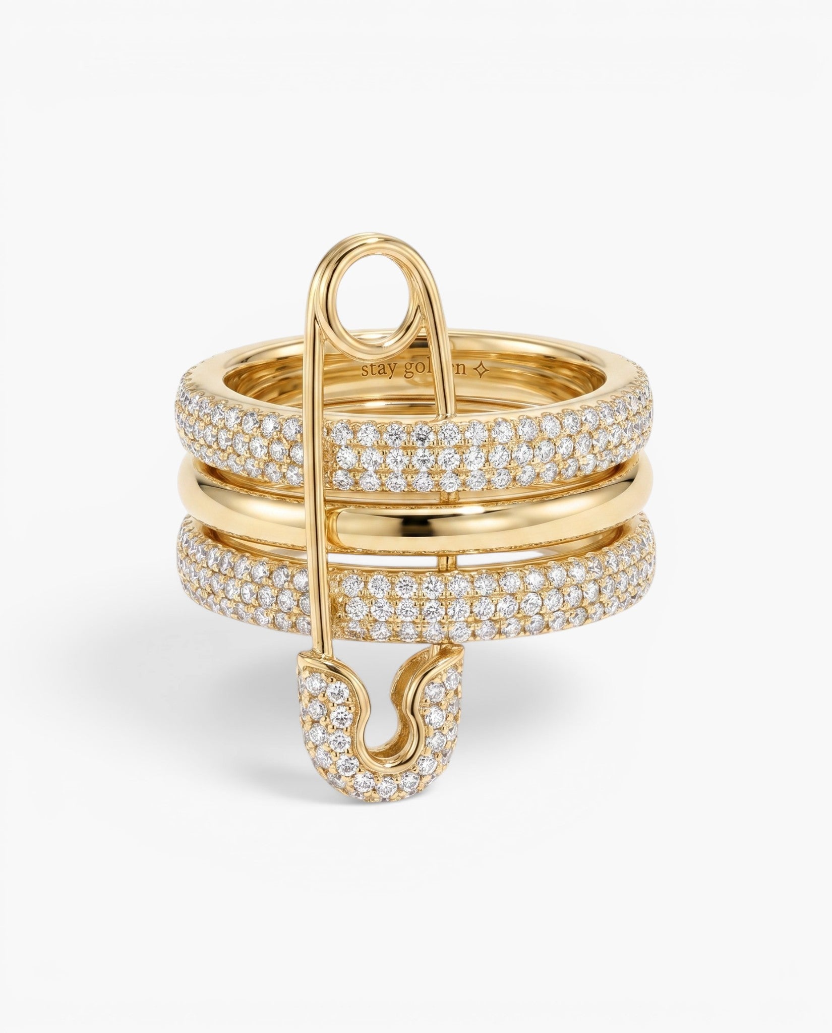 Sterling Silver Safety Pin Ring Set: Cubic Zirconia Stackable Bands