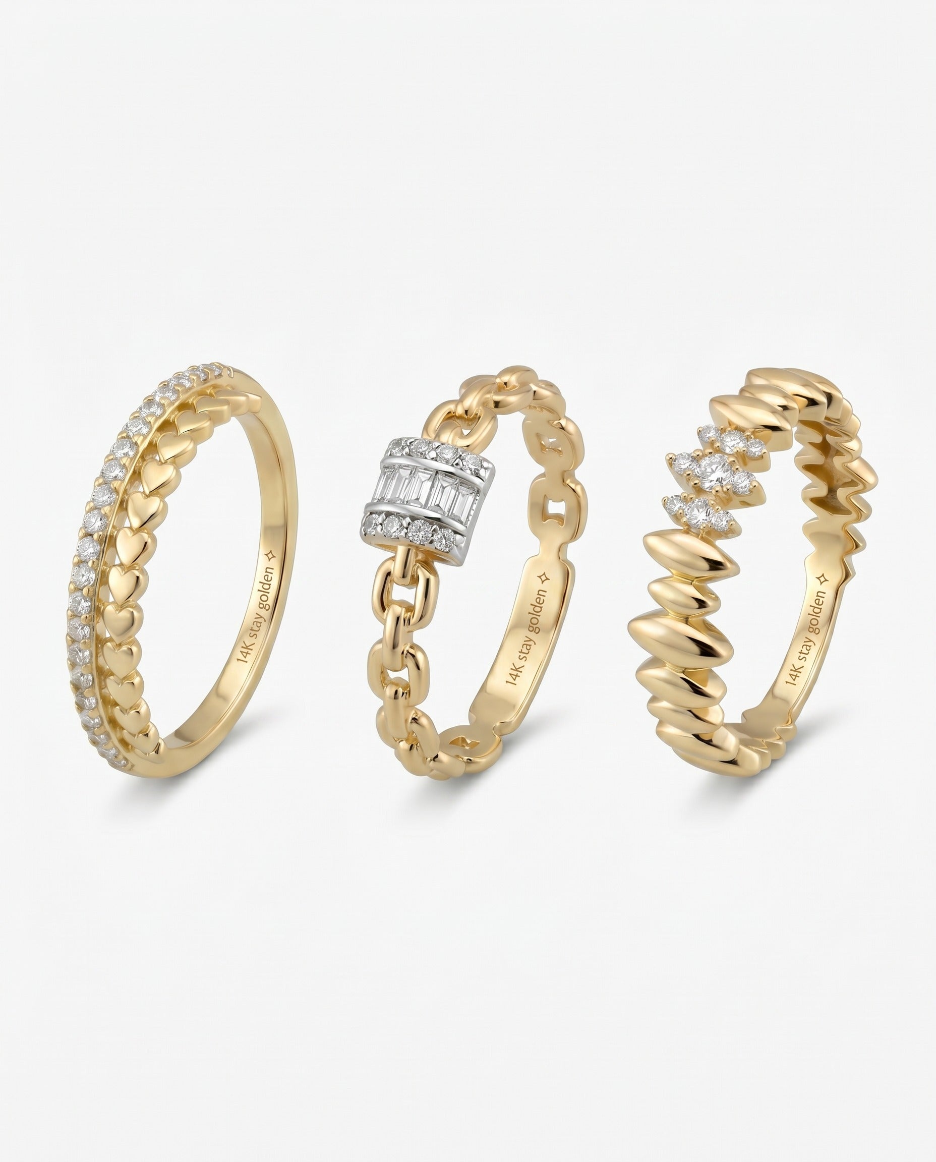 14K Gold Diamond Cut Stacking Rings Set, Baguette Chain Ring, Minimal Dainty Bands, Wave Ring, Thin Textured Gold Rings, Fine Jewelry